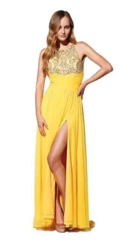 Terani Couture Yellow Open Leg Slit Cross Back Sleeveless Prom Dress Size 4