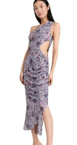 MISA Los Angeles MISA Aries Mesh Cut Out Midi Dress in Feathered Floral Blue Size XL NWT