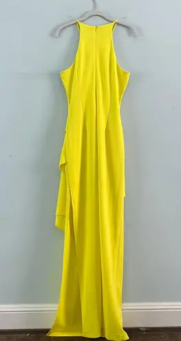 Belle Badgley Mischka NWT Cara Halter Neck Ruched Side Slit Yellow Sheath Gown