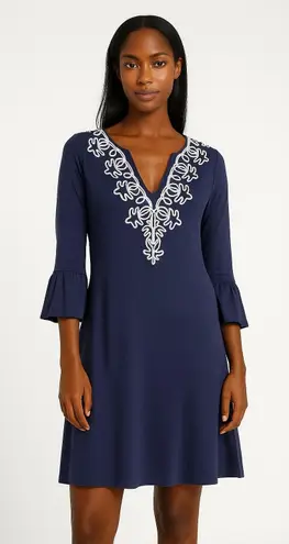 Tori Richard Womens Navy Blue Embroidered Bell Sleeve Tunic Boho Dress Size XS - Image 1