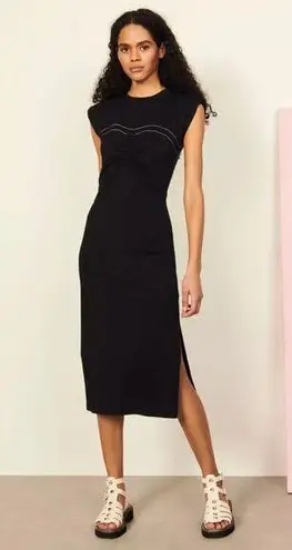 Sandro Black Stitched Ruched Gathered Midi Dress Size 34 NWT