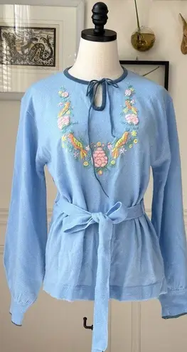 Vintage 70s CariKnits Belted Sweater Crewel Needlework M L Blue Size M