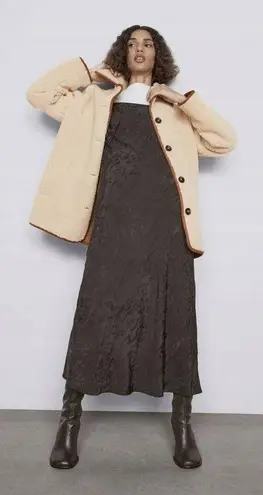 ZARA Tan Brown Cream Sherpa Suede Leather Button Down Coat Jacket thumbnail 8