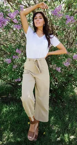 ALBION FIT Bow Belt Tie Waist Cropped Wide Leg Trouser Pant Heather Khaki XS