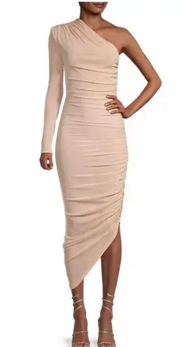 Misha Collection MISHA Tansy Ruched Sparkle Mesh Midi Dress in Champagne