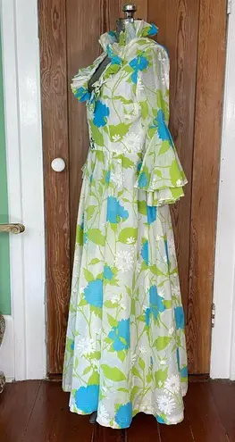 Vintage Handmade Romantic Maxi Dress Ruffle Neck Bell Sleeves Bird Appliqué ~M Blue Size M