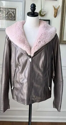 NWT Midnight Velvet Metallic Taupe Faux Leather Moto Jacket Pink Faux Fur Collar Brown Size 1X