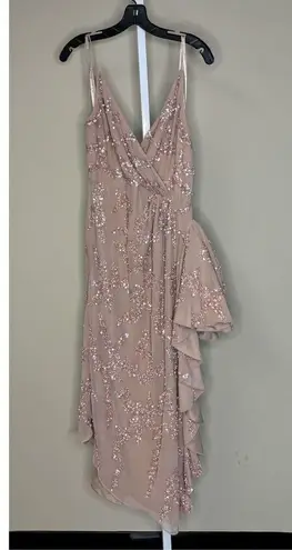 Mac Duggal NWT Sequined Faux Wrap Ruffle Asymmetrical Hem Dress in Mocha Size 14