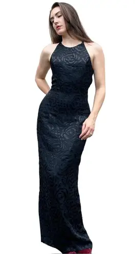 Vintage Onyx Nite Black Textured Floral Satin High Neck Formal Black Tie Gown L Size L