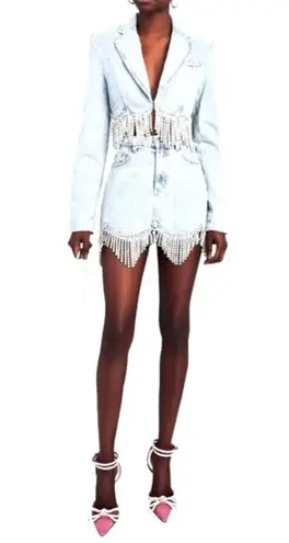 AREA Scalloped Embellished Cropped Denim Jacket in Pale Blue, Size 4, NWT Blue