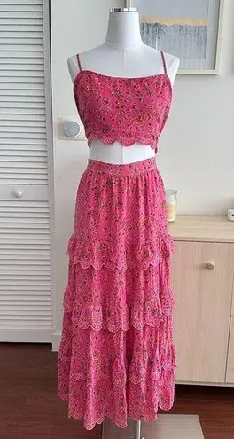 Caroline Constas Skirt Womens Large Floral Lace Tiered Crop Top Matching Co Ord Pink