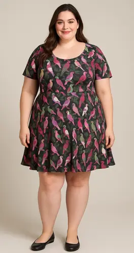 Unique Vintage Gwynnie Bee birds print fit and flare dress short sleeves, 3X