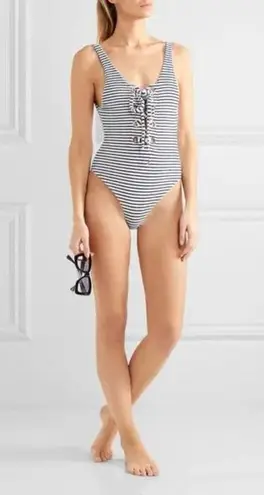 Mara Hoffman Desa Striped Terry Lace Up One Piece Swimsuit Organic Cotton Blend