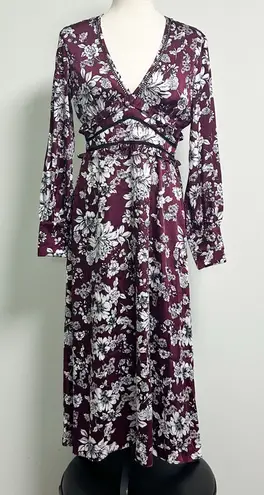 Bardot Jolie Floral V Neck Cuff Sleeve Sheer Lattice Ruffle Midi Dress Small 6
