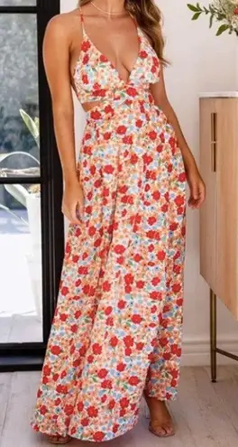 PRICELESS Aisling Floral Maxi Dress Strappy Cutout Sundress Large Red White