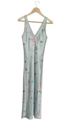 Vintage Halston Floral Satin Slip Dress Night Gown Blue Nightie Womens Small