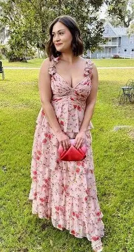 Mac Duggal Pink Floral Ruffled Sweetheart Sleeveless A-Line Gown Size 6