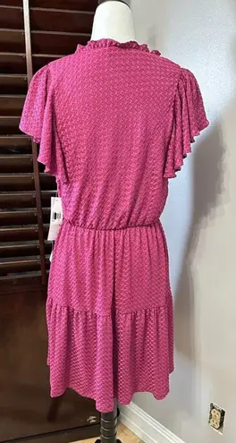 London Times Womens Tiered A Line Dress Pink Stretch V Neck Cap Sleeve M New