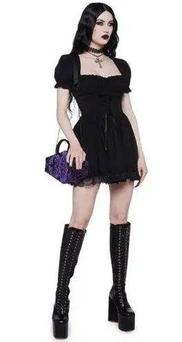 Dolls Kill  Widow Hazy Haunting Corset Puff Sleeve Milkmaid Mini Dress Black XXS