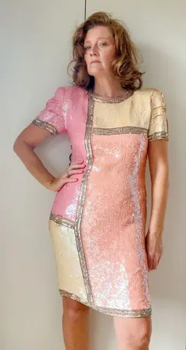 Vintage 80s Silk Sequin Pink Cocktail Dress Medium Fit Knee Length Sparkle Shine Size 6