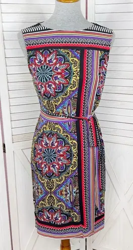 Premise Mosaic Multi Print Faux Wrap Belted Sleeveless Dress Multicolor Small