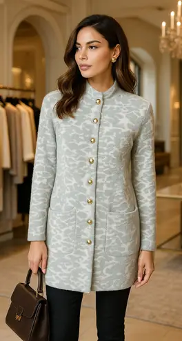 H by Halston Halston Gray & White Jacquard Sweater Coat Gold Button Cardigan Jacket Soft