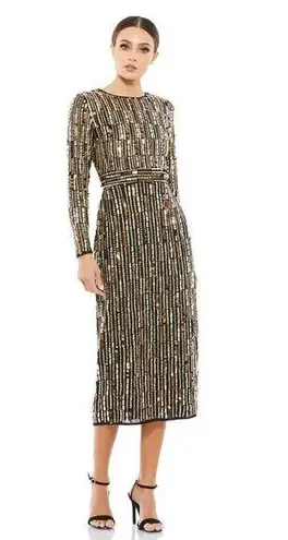 Mac Duggal 93590 Black Gold Embellished High Neck Long Sleeve Fitted Dress