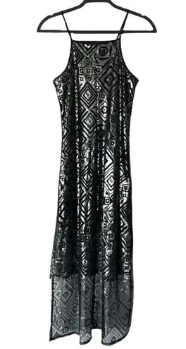 BCBGeneration  Silver Black Sequin Spaghetti Strap Hi Low Dress Size Small