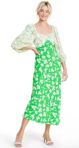 Rixo for Target Green Daisy Long Sleeve Swing Dress Size 4 Retro Puff Sleeve