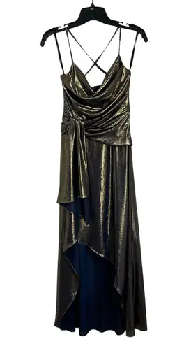 Ever New Goddess Charli High Low Navy And Gold Metallic Formal Gown Sz US 0