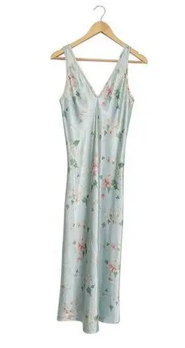 Vintage Halston Floral Satin Slip Dress Night Gown Blue Nightie Womens Small
