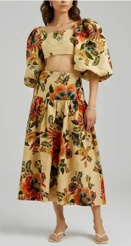 Farm Rio Delicate Garden Linen Midi Skirt, Cream, XS