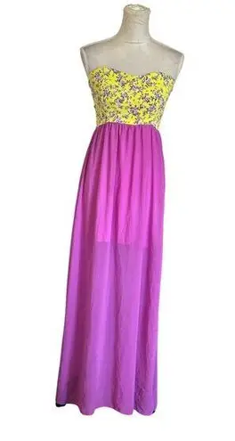 Style Rack Womens Maxi Strapless Dress Floral Semi Sheer Yellow Purple Fairy Sz XS