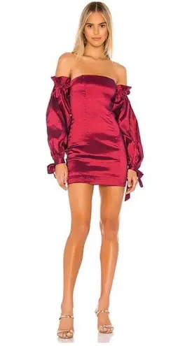 Majorelle Sky Off The Shoulder Metallic Bodycon Mini Dress in Burgundy Red