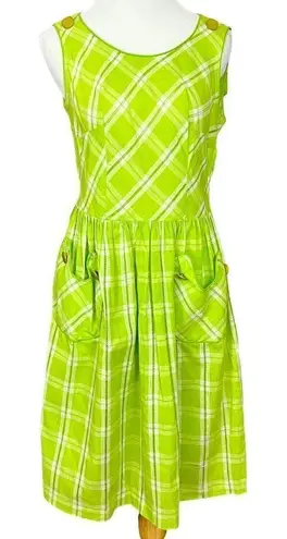 Vintage 60’s Handmade Lime Green Plaid Apron Style Fit and Flare Dress S