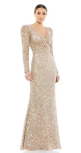 Mac Duggal 5510 Gold Puff Shoulder Sequined Surplice Gown 2 NEW