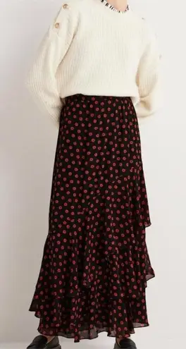 Boden Tiered Multi Ruffle Maxi Skirt Red Black Floral Size 8