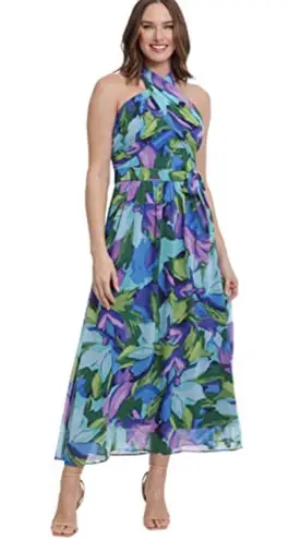 London Times Aquamarine Criss Cross Halter Neck Maxi Dress