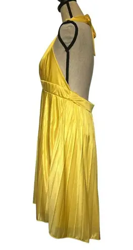 AUW Halter Dress Sz Medium Bright Yellow Shiny Pleated Babydoll Tie Retro Y2K