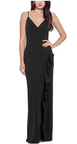 XScape Women's Formal Dress Size 6 Black Sleeveless Ruffled Thigh Slit Gown