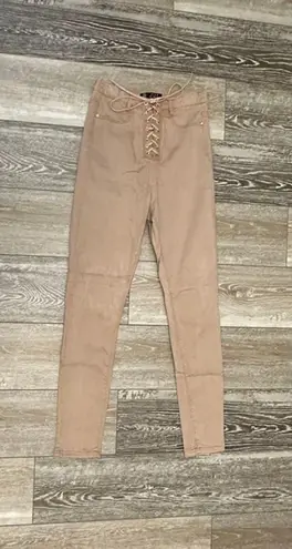 Missguided Vice Sz 6 High Waist Tube Beige Denim Jeans Lace Up Closure FAB!