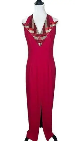 Vintage 90s Red Beaded Collar Formal Prom Dress Size 10
