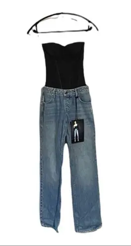 RtA Ames Denim Jean Black Bustier Jumpsuit in Gallo Blue Size XXS NWT