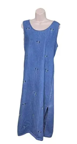 Vintage Jane Ashley Denim Dress Modest Womens Blue Jean Maxi Dragonfly u Set Size M