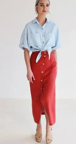 Vintage Red 100% Linen Button Front High Waisted Preppy Coastal Maxi Skirt Size M