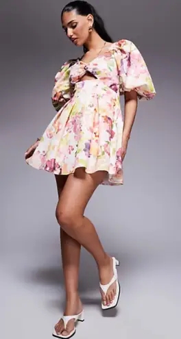 ASOS LUXE printed twisted front puff sleeve skater L dress in floral Size 12 NWT Pink