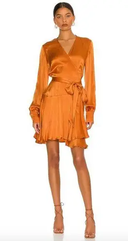 Karina Grimaldi Penelope Safran Copper Orange Satin Solid Mini Wrap Dress XS NWT
