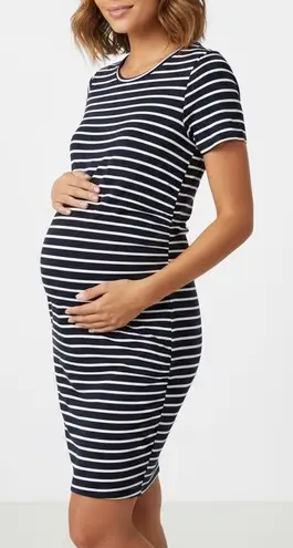 SMALLSHOW Navy White Striped Ruched Maternity Dress Size L Black Size L