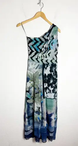 Fuzzi Floral One Shoulder Mesh Jumpsuit Size Small Blue Stretch Cropped Wide Leg