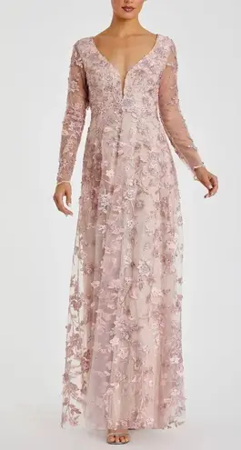 Mac Duggal 70224 Rose Pink Floral Applique Long Sleeve Illusion Gown Size 12 NWT